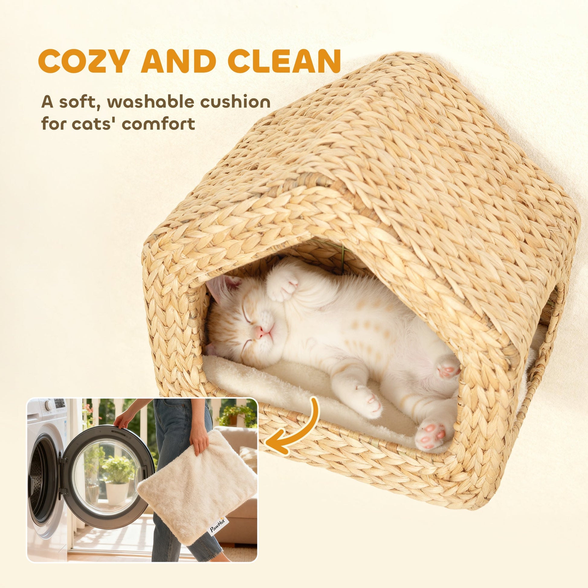 KFX-5509309 Wall-Mounted Cat House with Washable Cushion, Chic Seagrass Design for Small Spaces