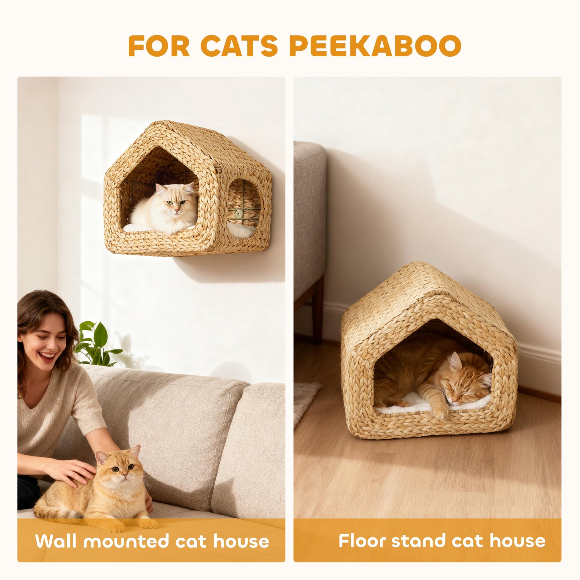 KFX-5509309 Wall-Mounted Cat House with Washable Cushion, Chic Seagrass Design for Small Spaces