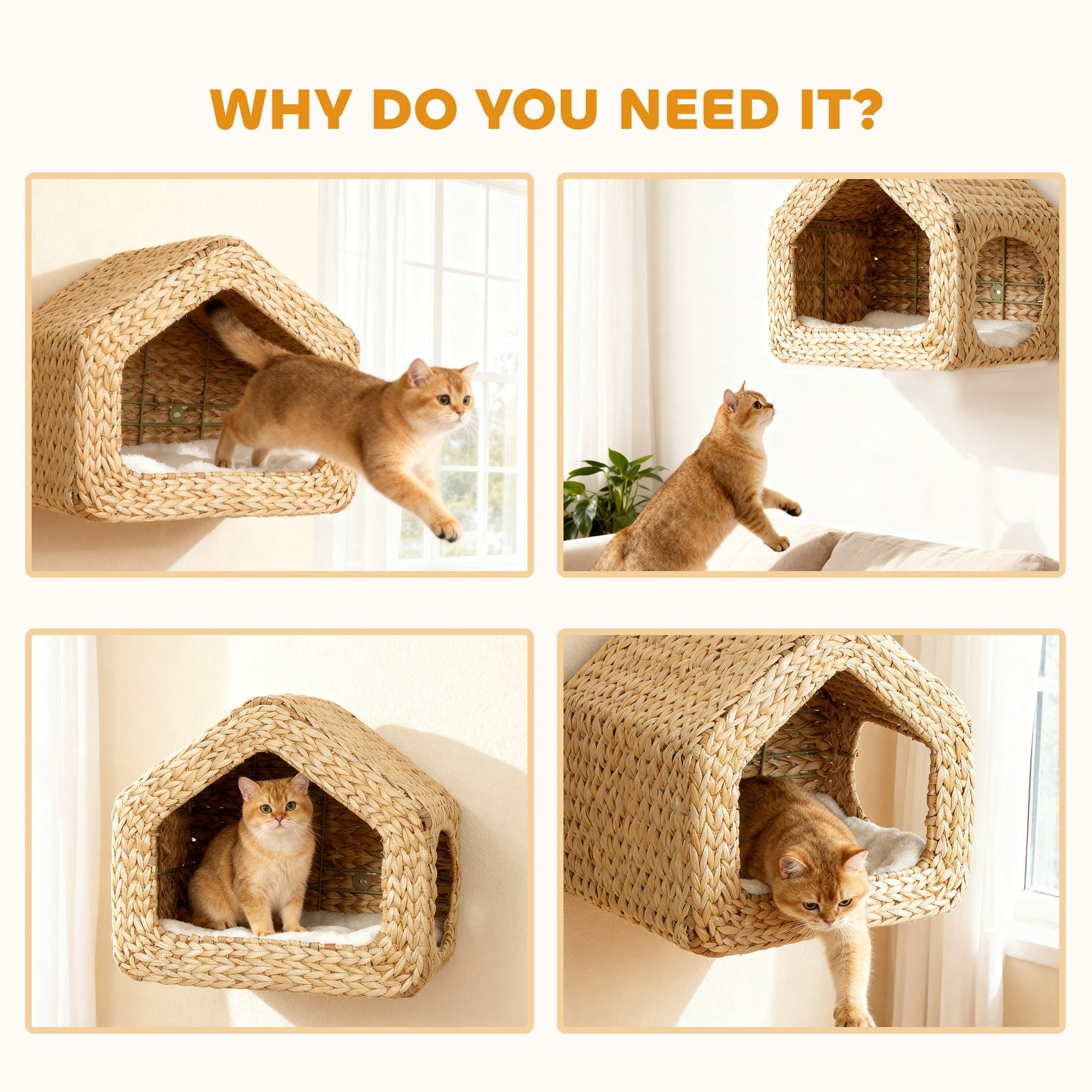 KFX-5509309 Wall-Mounted Cat House with Washable Cushion, Chic Seagrass Design for Small Spaces
