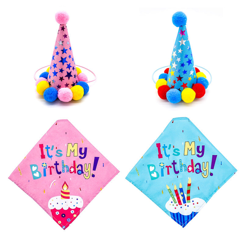 KFX-5513405 First Birthday Party Triangle Set for Pets - Pink/Blue Scarf & Hat, Polyester Decoration