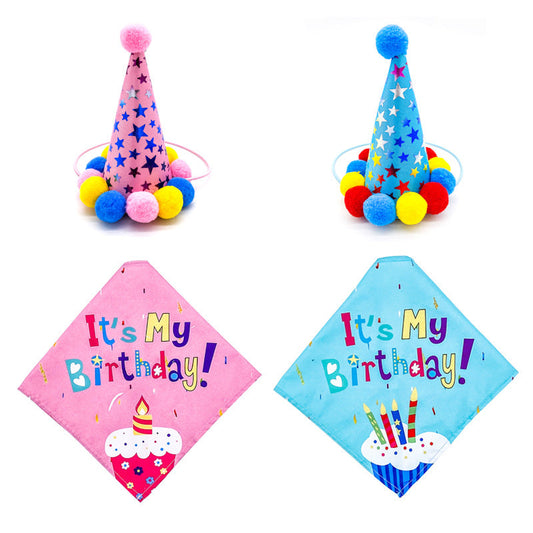 KFX-5513405 First Birthday Party Triangle Set for Pets - Pink/Blue Scarf & Hat, Polyester Decoration