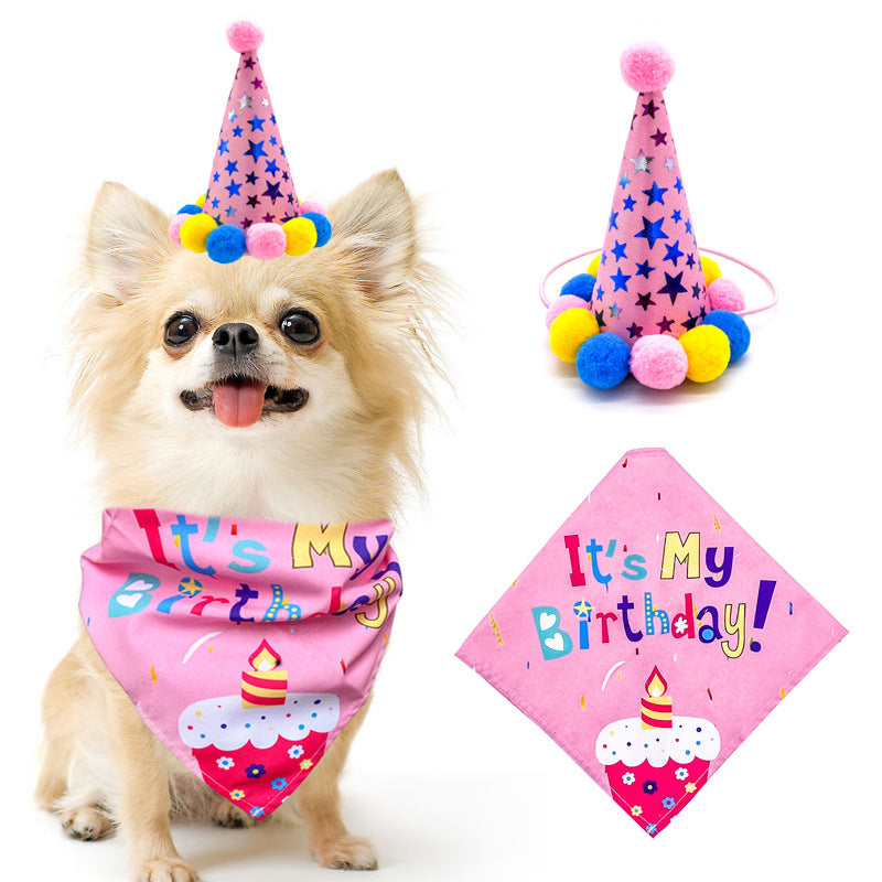 KFX-5513405 First Birthday Party Triangle Set for Pets - Pink/Blue Scarf & Hat, Polyester Decoration