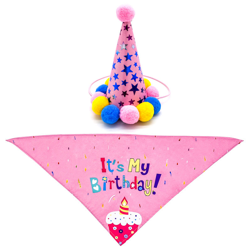 KFX-5513405 First Birthday Party Triangle Set for Pets - Pink/Blue Scarf & Hat, Polyester Decoration