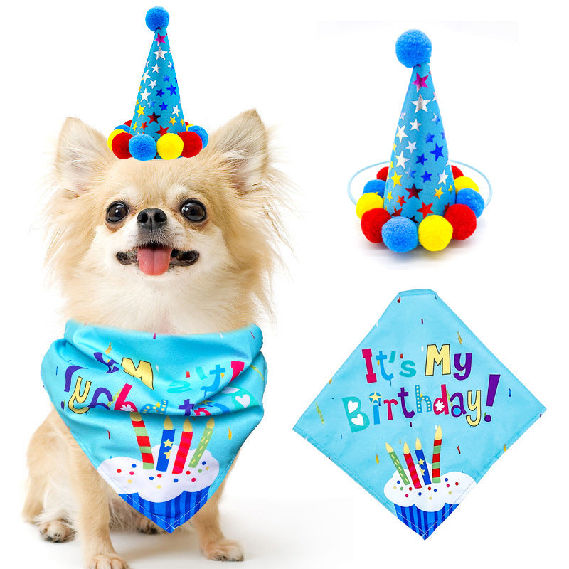 KFX-5513405 First Birthday Party Triangle Set for Pets - Pink/Blue Scarf & Hat, Polyester Decoration