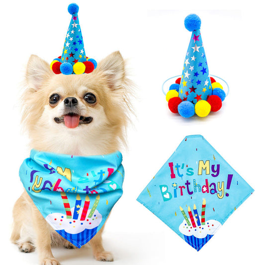 KFX-5513405 First Birthday Party Triangle Set for Pets - Pink/Blue Scarf & Hat, Polyester Decoration