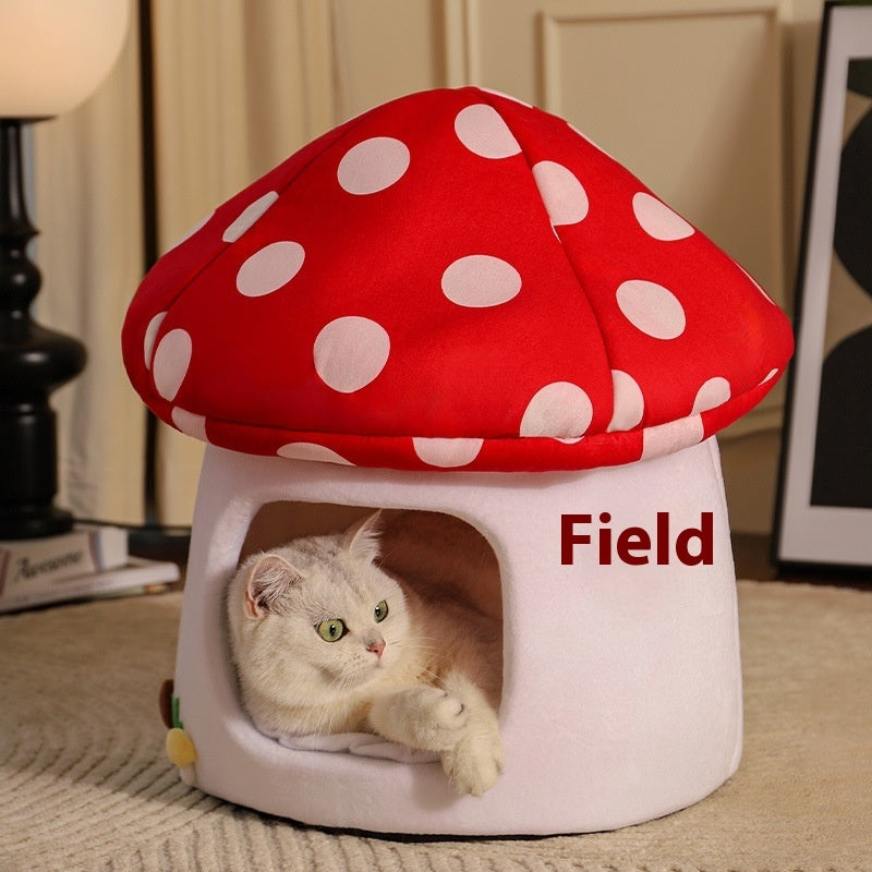 KFX-5515837 Mushroom-Shaped Semi-Enclosed Cat Bed in Red - Cozy Cloth Cat Nest