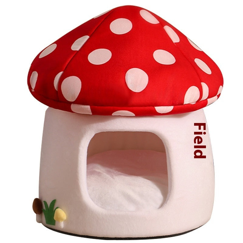 KFX-5515837 Mushroom-Shaped Semi-Enclosed Cat Bed in Red - Cozy Cloth Cat Nest