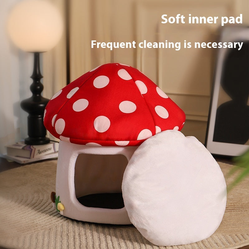 KFX-5515837 Mushroom-Shaped Semi-Enclosed Cat Bed in Red - Cozy Cloth Cat Nest