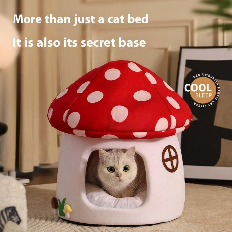 KFX-5515837 Mushroom-Shaped Semi-Enclosed Cat Bed in Red - Cozy Cloth Cat Nest