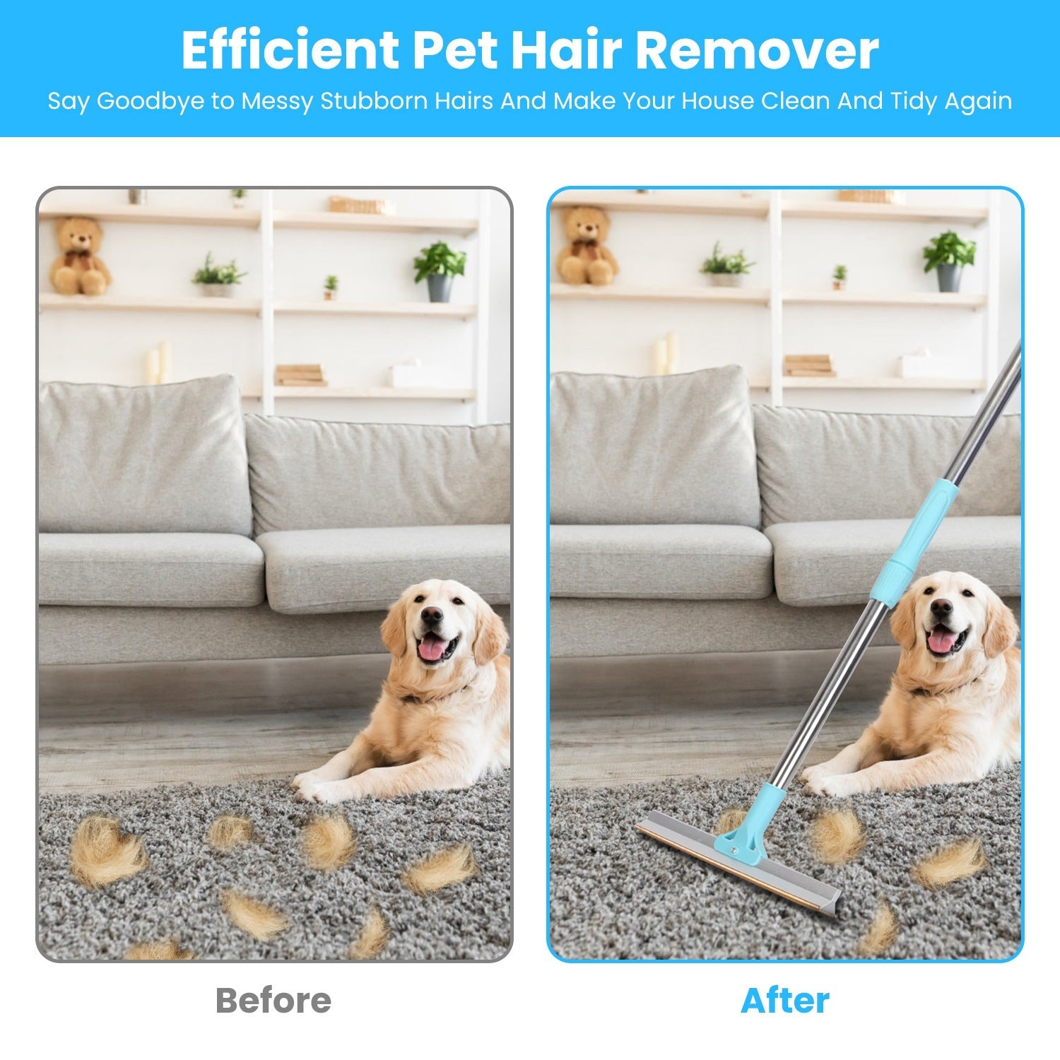 KFX-5517373 Adjustable Telescopic Pet Hair Removal Rake with Copper Head for Carpets, Rugs, and Upholstery