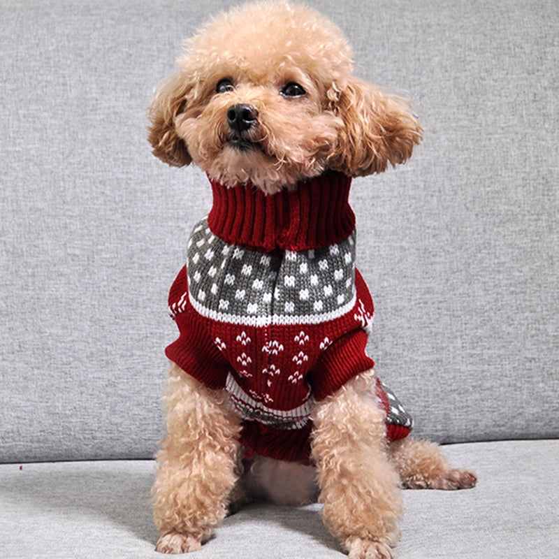 KFX-5519549 Cozy Knitted Wool Turtleneck Sweater for Pets - Christmas Maple Snowflake Design