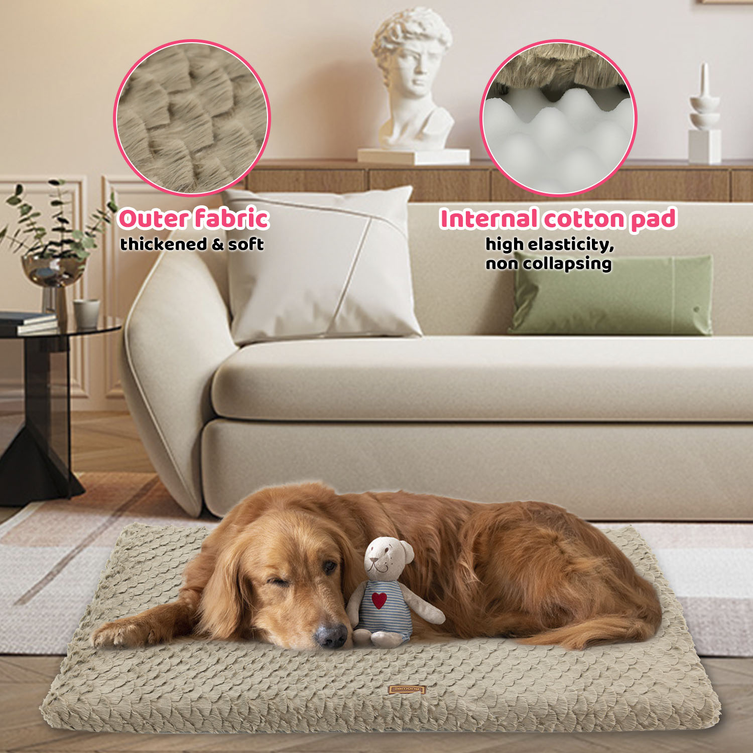 KFX-5520189 Ultra Soft Plush Dog Bed with Removable Washable Cover - Anti-Slip Mat for Medium to Large Pets, All-Season Comfort