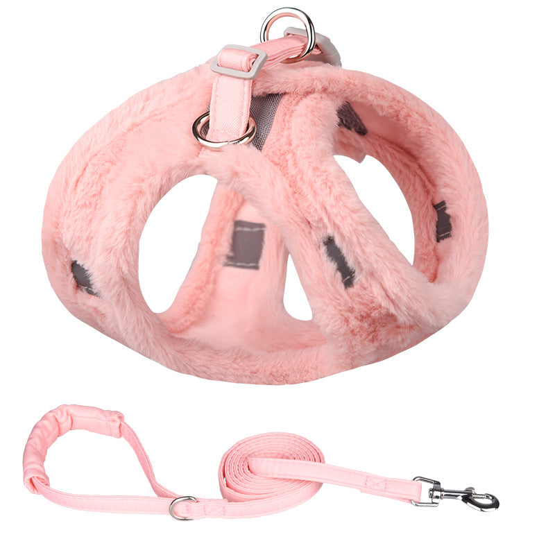 KFX-5520829 Plush Warm Vest with Leash for Dogs - Adjustable Sizes in Blue, Pink, White, Gray