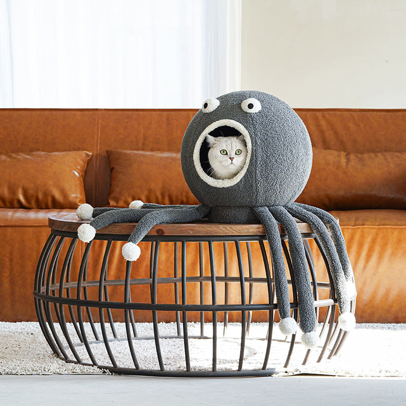 KFX-5521597 Plush Octopus Shaped Pet Nest for Cats, Cozy and Spacious Design, 40x40x42cm