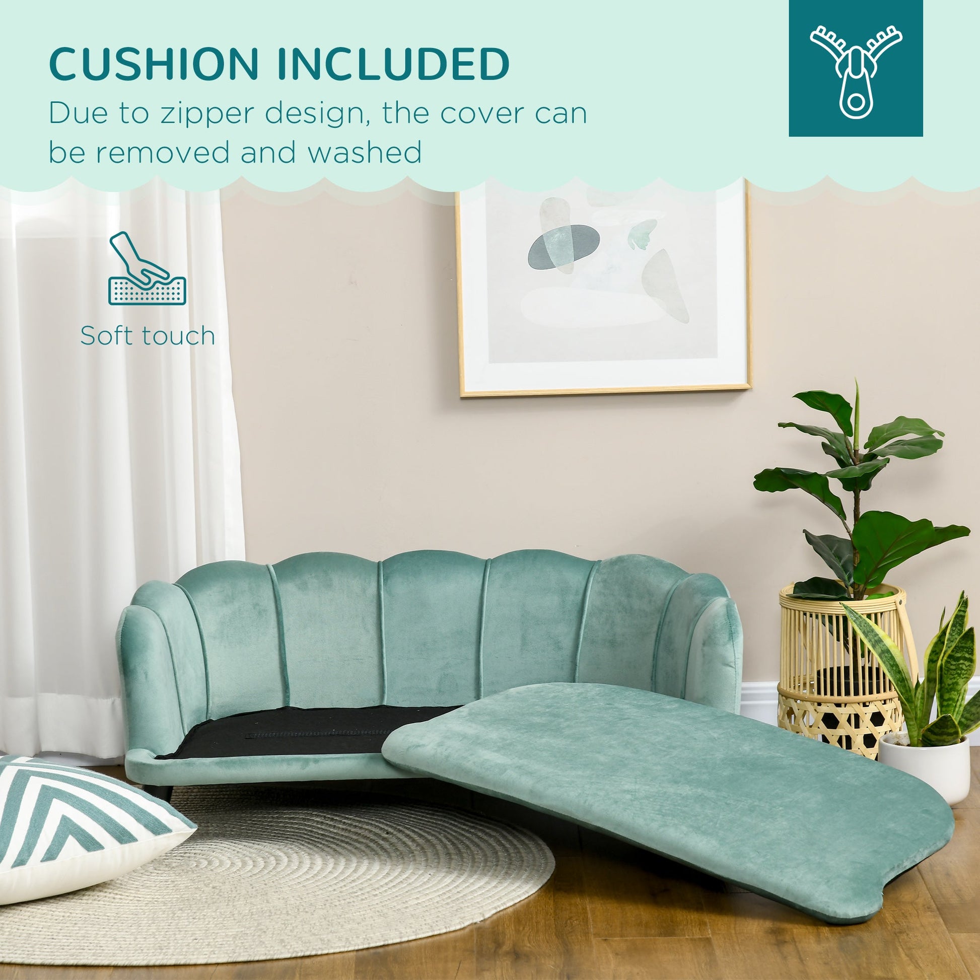 KFX-5525949 Elegant Velvet Pet Sofa for Medium to Large Dogs with Solid Wood Legs, Removable Cushion, Green