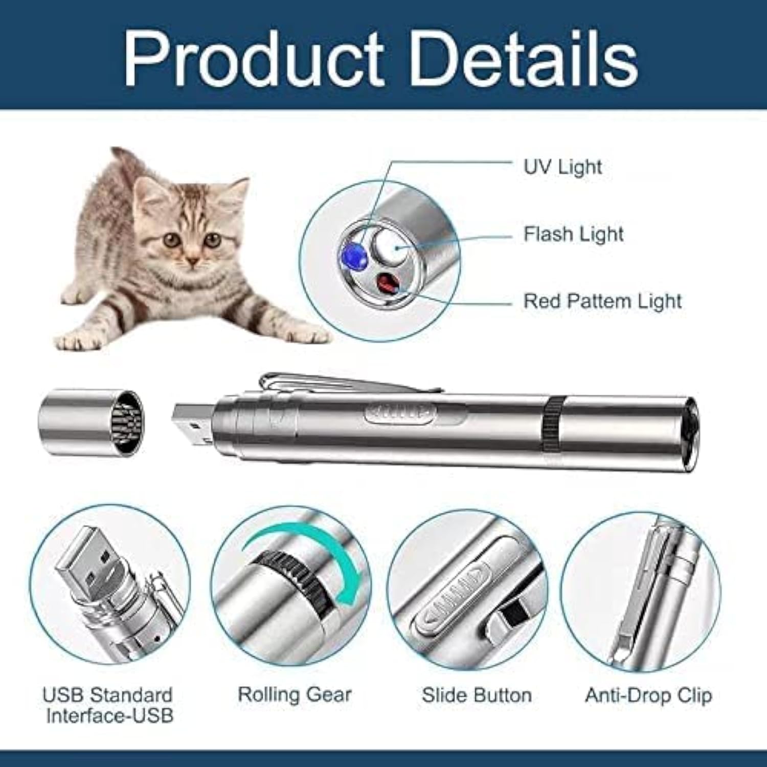 KFX-5534525 Interactive Cat Toy Pointer with 7 Modes, USB Rechargeable Light Wand for Indoor Play