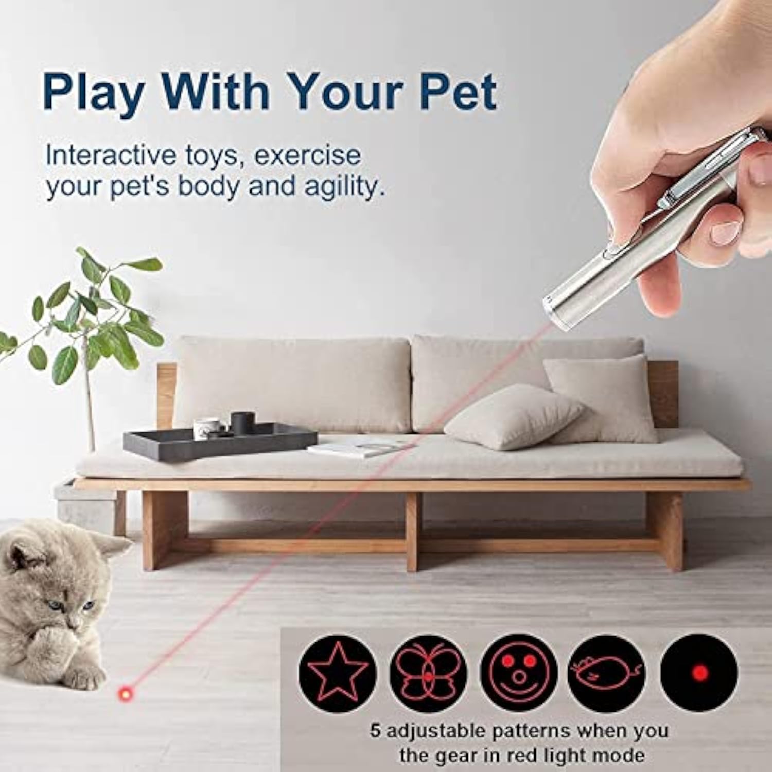 KFX-5534525 Interactive Cat Toy Pointer with 7 Modes, USB Rechargeable Light Wand for Indoor Play