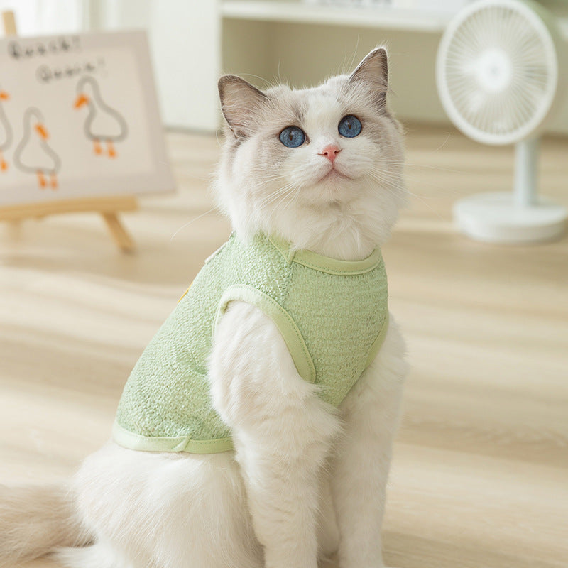 KFX-5538621 Hollowed-out Breathable Knitted Cat Clothes with Bear Patch in Multiple Colors