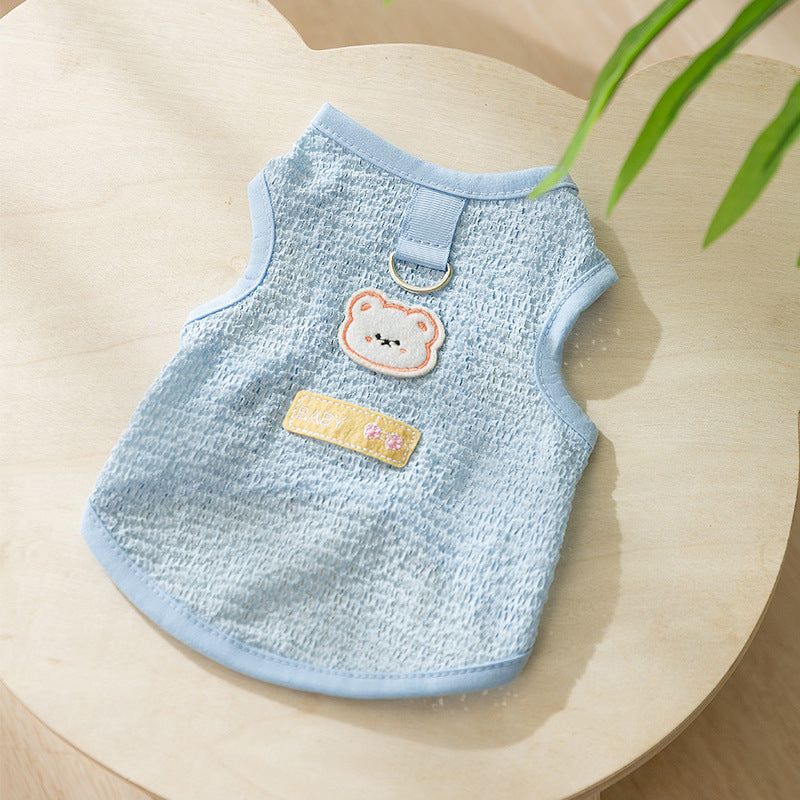 KFX-5538621 Hollowed-out Breathable Knitted Cat Clothes with Bear Patch in Multiple Colors