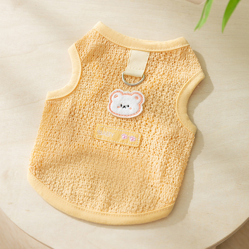 KFX-5538621 Hollowed-out Breathable Knitted Cat Clothes with Bear Patch in Multiple Colors