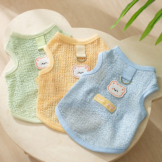 KFX-5538621 Hollowed-out Breathable Knitted Cat Clothes with Bear Patch in Multiple Colors