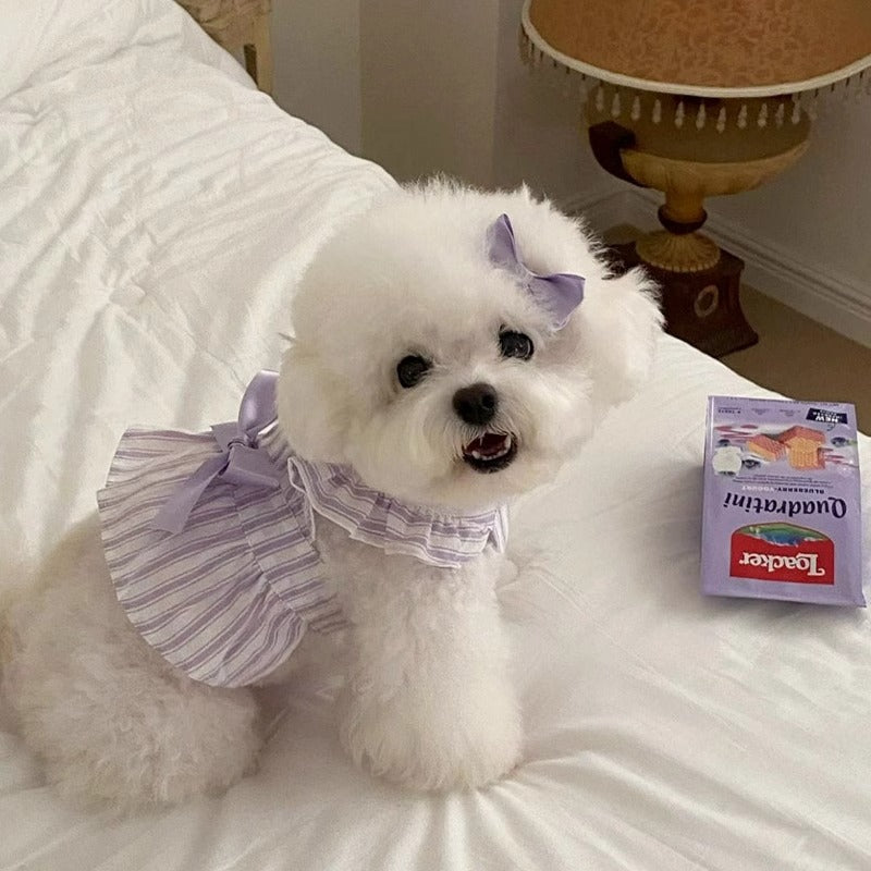 KFX-5540413 Cute Striped Dress for Dogs with Flying Sleeves in Pink and Purple