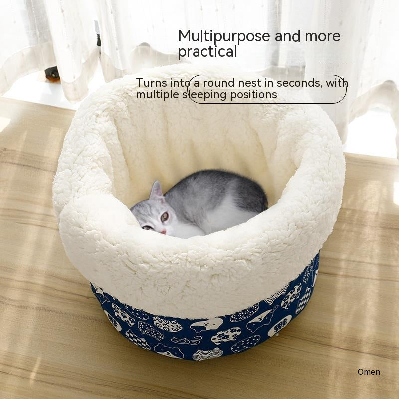 KFX-5542845 Cotton Velvet Cat Nest in Round Large Barrel Design - Soft and Cozy for Cats