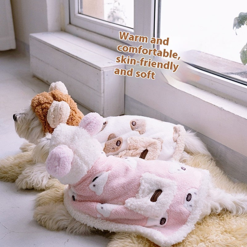 KFX-5543357 Warm Coral Fleece Dog Cloak in Brown and Pink for Small to Medium Pets