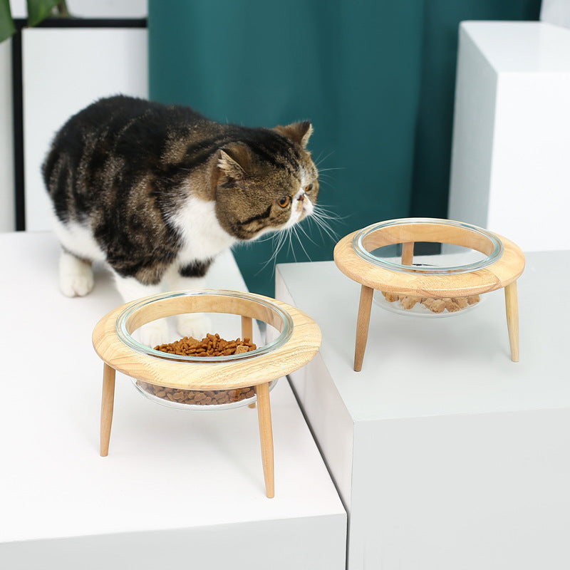KFX-5544765 Glass UFO Pet Bowl with Oak Frame - Two Sizes: 480ML & 800ML