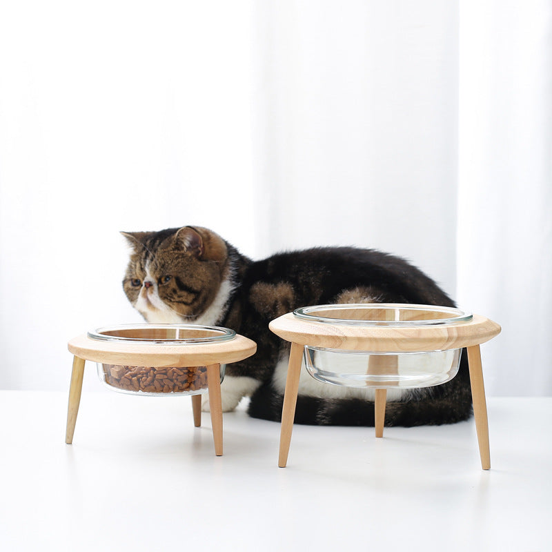 KFX-5544765 Glass UFO Pet Bowl with Oak Frame - Two Sizes: 480ML & 800ML