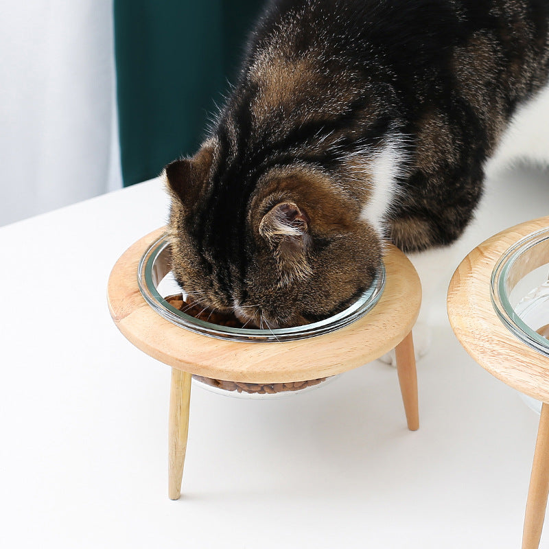 KFX-5544765 Glass UFO Pet Bowl with Oak Frame - Two Sizes: 480ML & 800ML