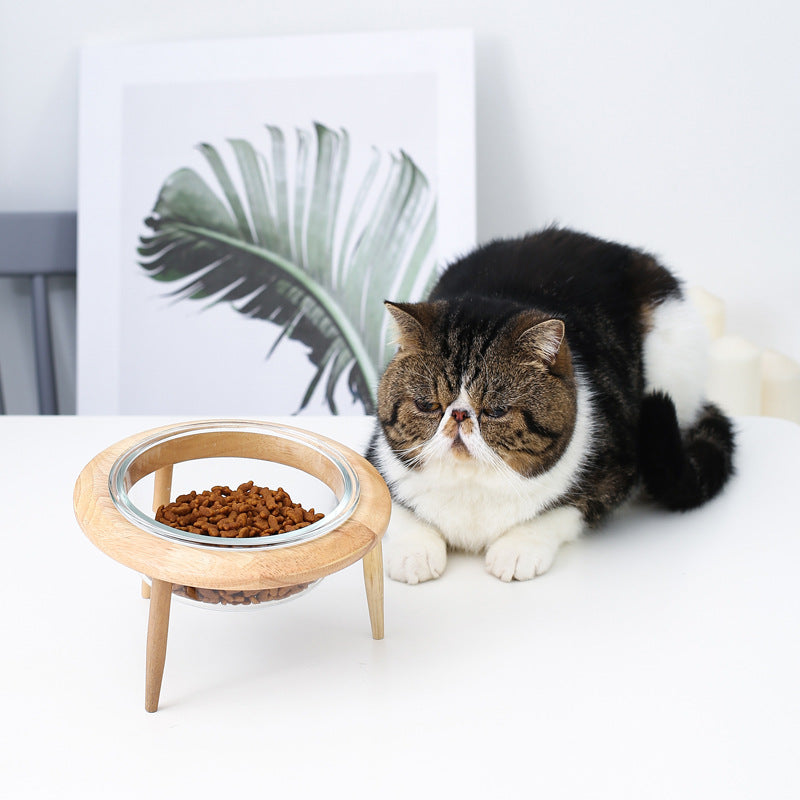 KFX-5544765 Glass UFO Pet Bowl with Oak Frame - Two Sizes: 480ML & 800ML