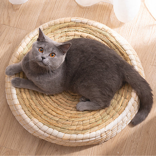 KFX-5561917 Cozy Straw and Corn Husk Cat Bed with 35cm Diameter for Relaxation