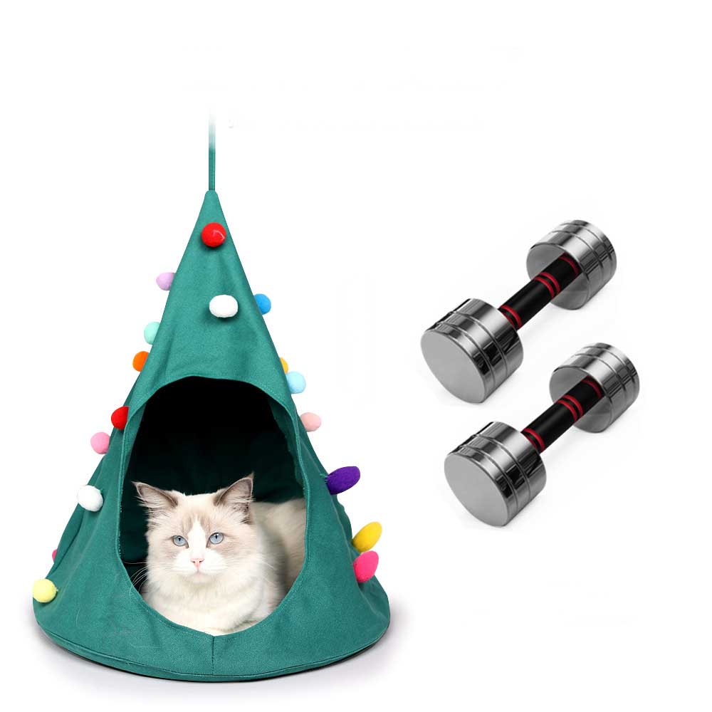 KFX-5567421 Christmas Cone Canvas Cat Hammock for Cozy Rest and Sleep - Green and Black, 44cm Diameter, 56cm Height