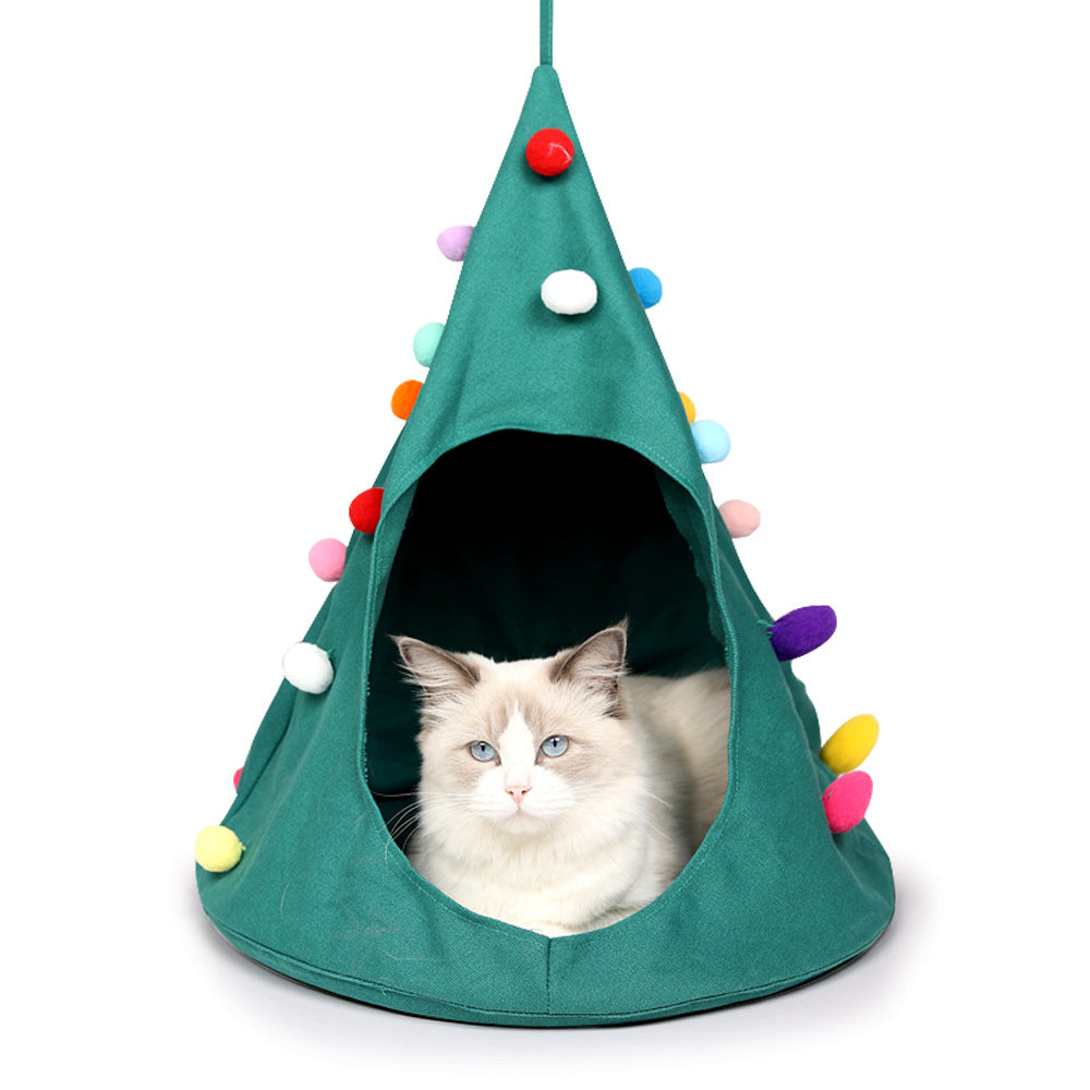 KFX-5567421 Christmas Cone Canvas Cat Hammock for Cozy Rest and Sleep - Green and Black, 44cm Diameter, 56cm Height