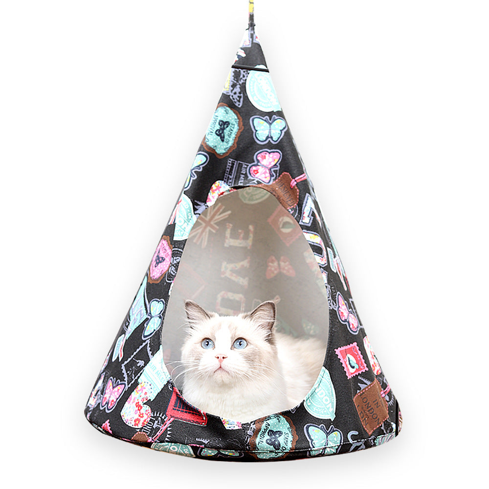 KFX-5567421 Christmas Cone Canvas Cat Hammock for Cozy Rest and Sleep - Green and Black, 44cm Diameter, 56cm Height