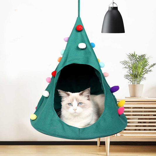 KFX-5567421 Christmas Cone Canvas Cat Hammock for Cozy Rest and Sleep - Green and Black, 44cm Diameter, 56cm Height
