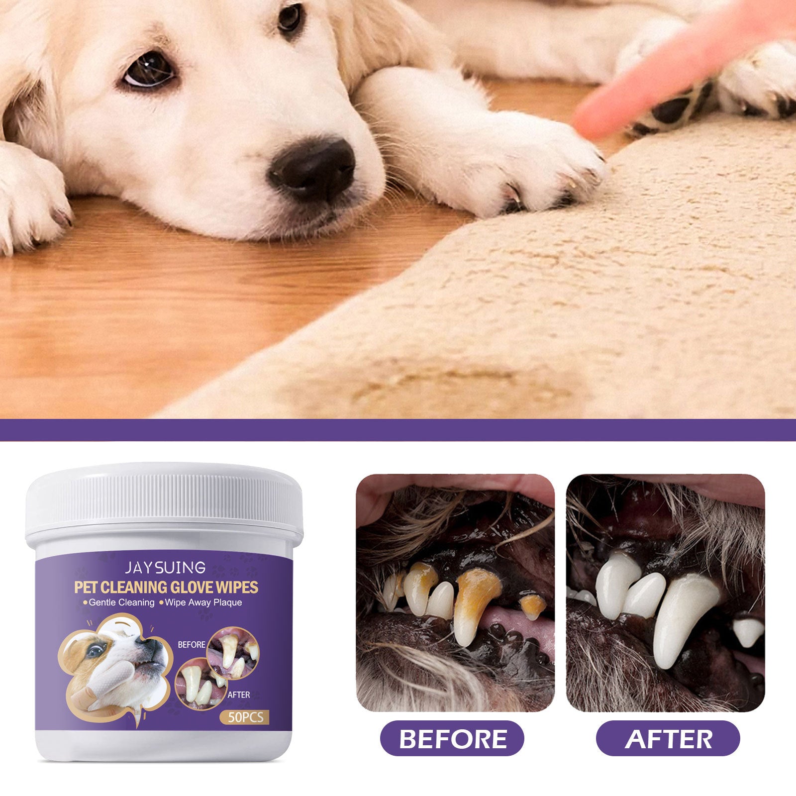 KFX-5573437 Gentle Pet Cleaning Gloves and Wet Wipes for Teeth Care, Tartar Removal, and Odor Control - 50 Pack
