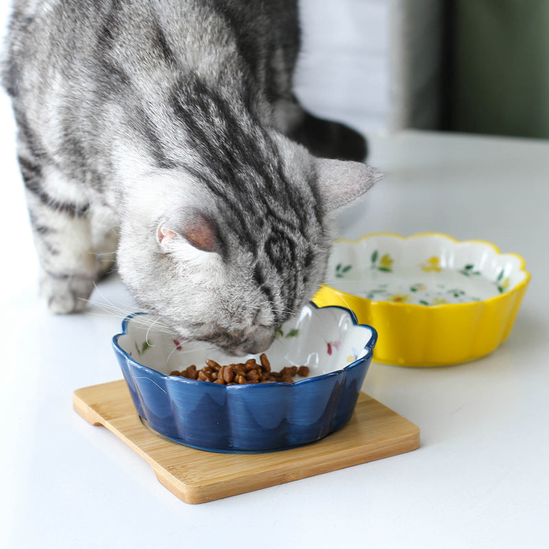 KFX-5577533 Ceramic Pet Bowl with Bamboo Wood Tray - 450ml Capacity for Cats and Dogs