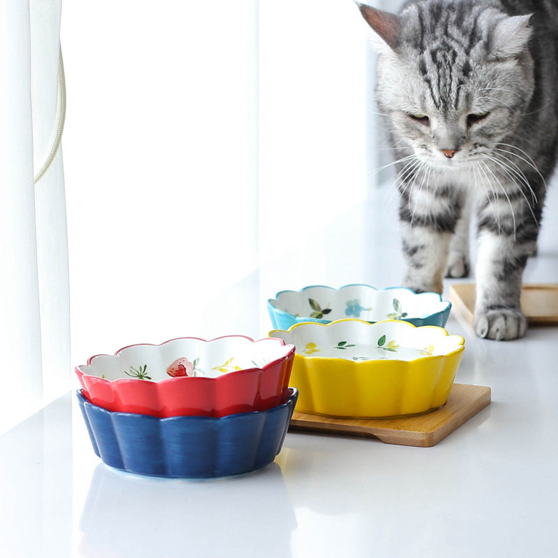 KFX-5577533 Ceramic Pet Bowl with Bamboo Wood Tray - 450ml Capacity for Cats and Dogs