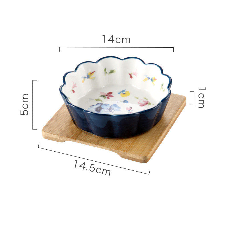 KFX-5577533 Ceramic Pet Bowl with Bamboo Wood Tray - 450ml Capacity for Cats and Dogs