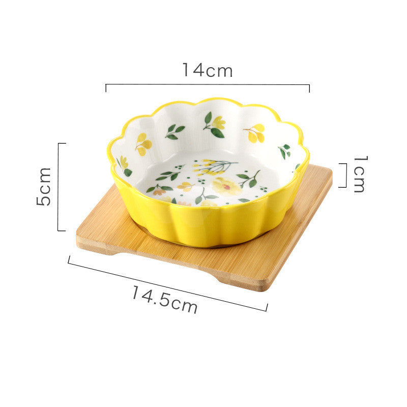 KFX-5577533 Ceramic Pet Bowl with Bamboo Wood Tray - 450ml Capacity for Cats and Dogs