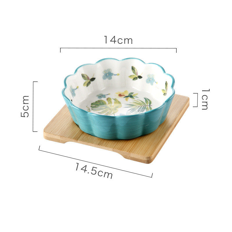 KFX-5577533 Ceramic Pet Bowl with Bamboo Wood Tray - 450ml Capacity for Cats and Dogs