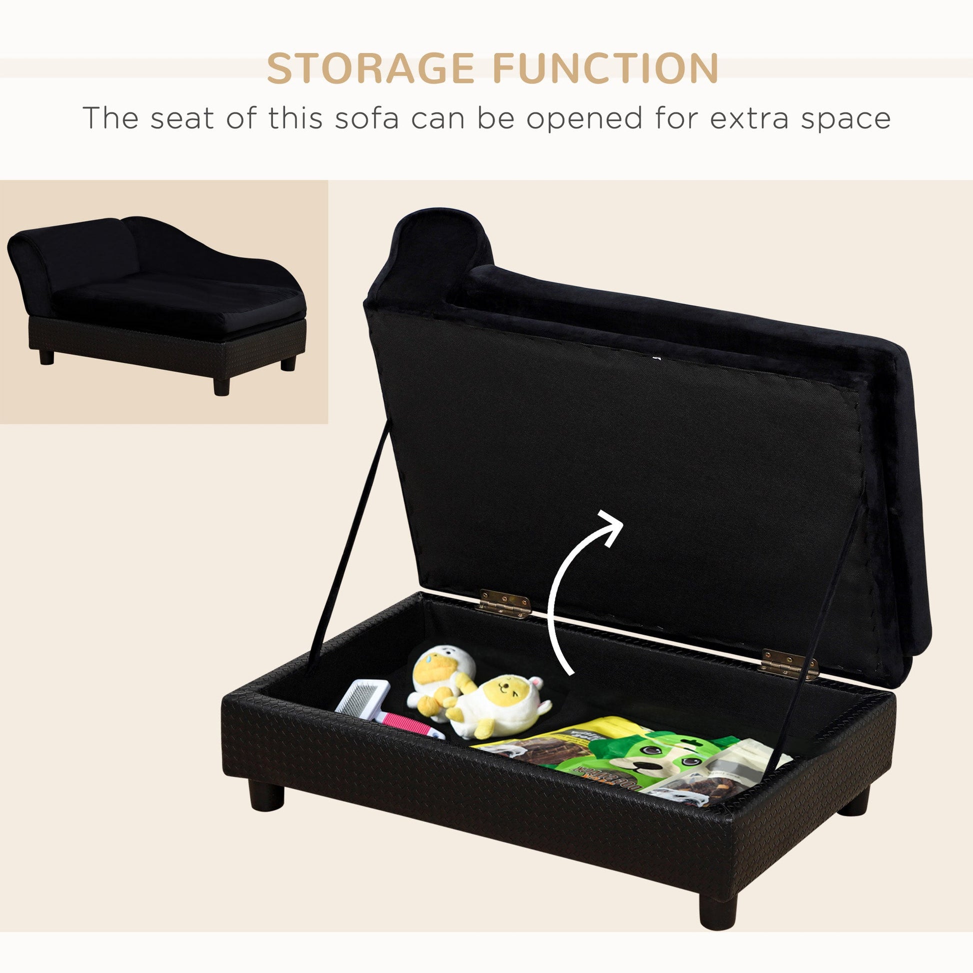 KFX-5585725 Pet Sofa Bed with Storage for Cats and Small Dogs, Cushioned Black Couch with Tufted Design