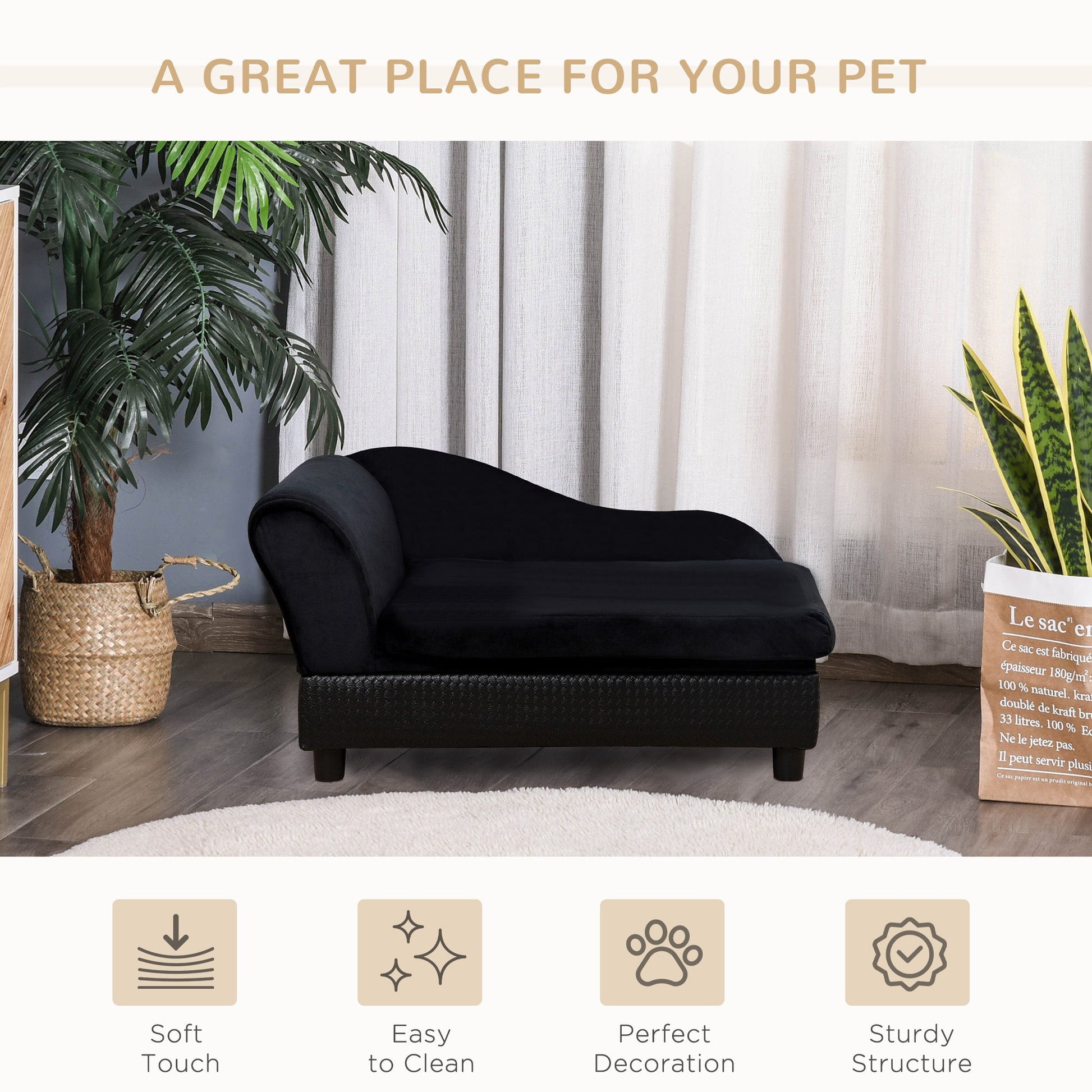 KFX-5585725 Pet Sofa Bed with Storage for Cats and Small Dogs, Cushioned Black Couch with Tufted Design