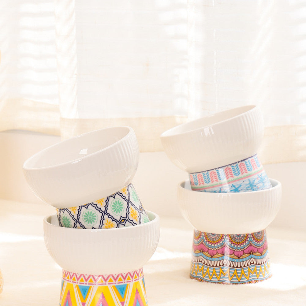 KFX-5587261 Ceramic Cat Bowl with Anti-Black Chin High Foot Design - Available in Bohemian Yellow, Ocean Heart Blue, Blue Powder Time, Retro Green
