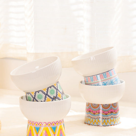 KFX-5587261 Ceramic Cat Bowl with Anti-Black Chin High Foot Design - Available in Bohemian Yellow, Ocean Heart Blue, Blue Powder Time, Retro Green