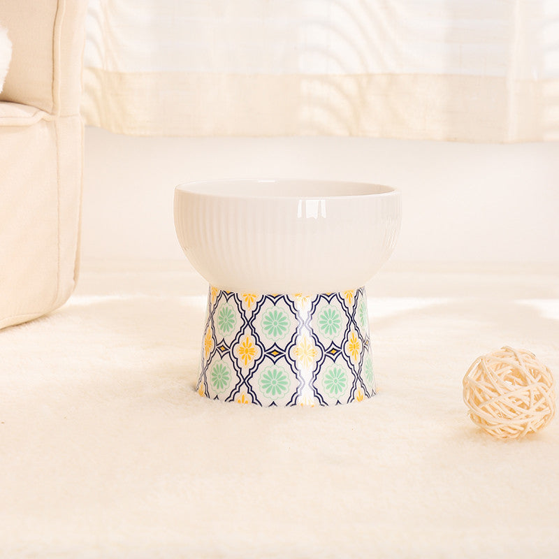 KFX-5587261 Ceramic Cat Bowl with Anti-Black Chin High Foot Design - Available in Bohemian Yellow, Ocean Heart Blue, Blue Powder Time, Retro Green