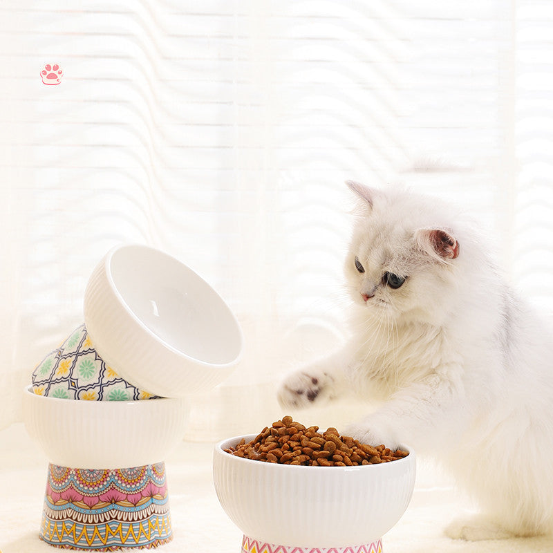 KFX-5587261 Ceramic Cat Bowl with Anti-Black Chin High Foot Design - Available in Bohemian Yellow, Ocean Heart Blue, Blue Powder Time, Retro Green