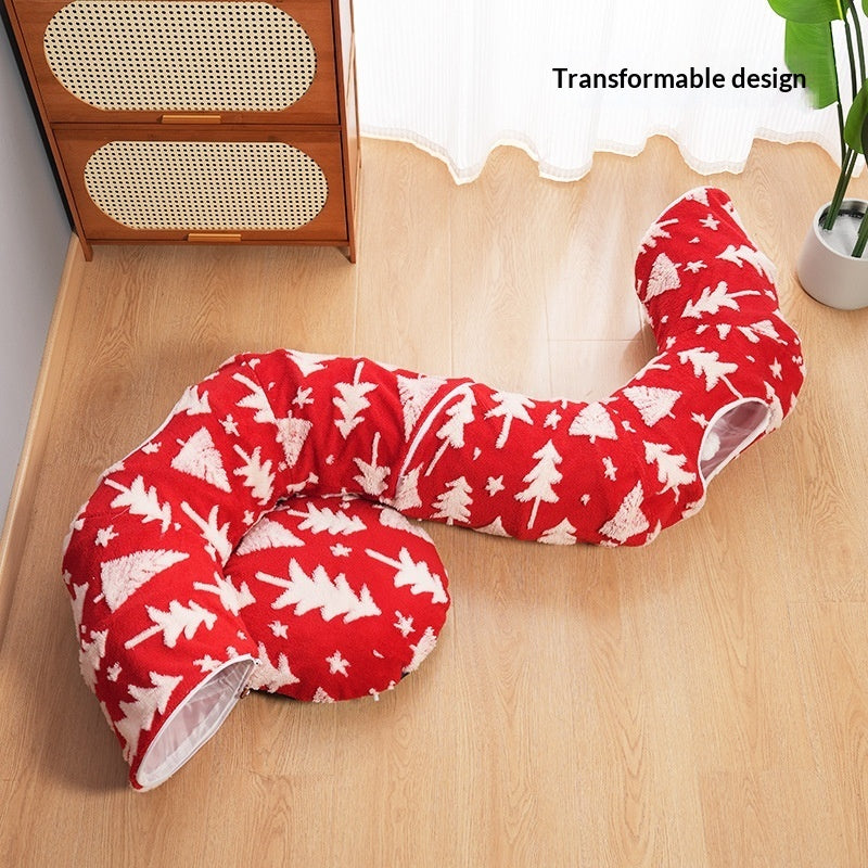 KFX-5591101 Christmas Tree Cat Tunnel Bed - Warm Flannel Pet Nest for Cats 86x26 cm